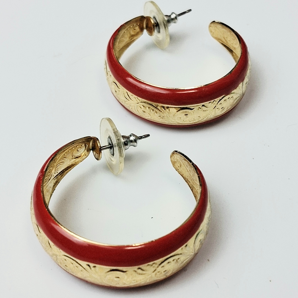 Vintage Hoops Red And Gold Tone Earrings Elegant Red and Gold Hoop Earrings